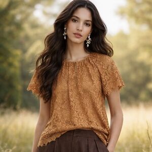 J. Crew Lace Blouse Layered Short Sleeve Copper Brown Boho Peasant Women's Sz S